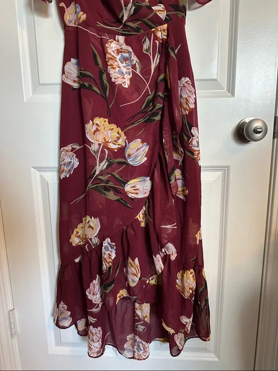 A New Day Burgundy Floral Midi Dress Size XS Flutter Sleeve Wrap Style Chiffon - Picture 3 of 5